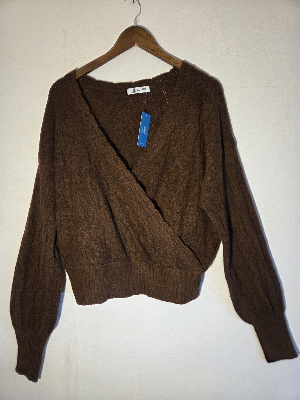 Cupshe Brown Wrap Sweater Women's Large Fuzzy Soft Knit V-Neck Top - Picture 2 of 4
